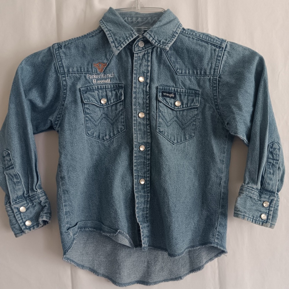 Wrangler Western Shirt Kids XS 3-4 Blue Parker Ranch Hawaii Denim Pearl Snap